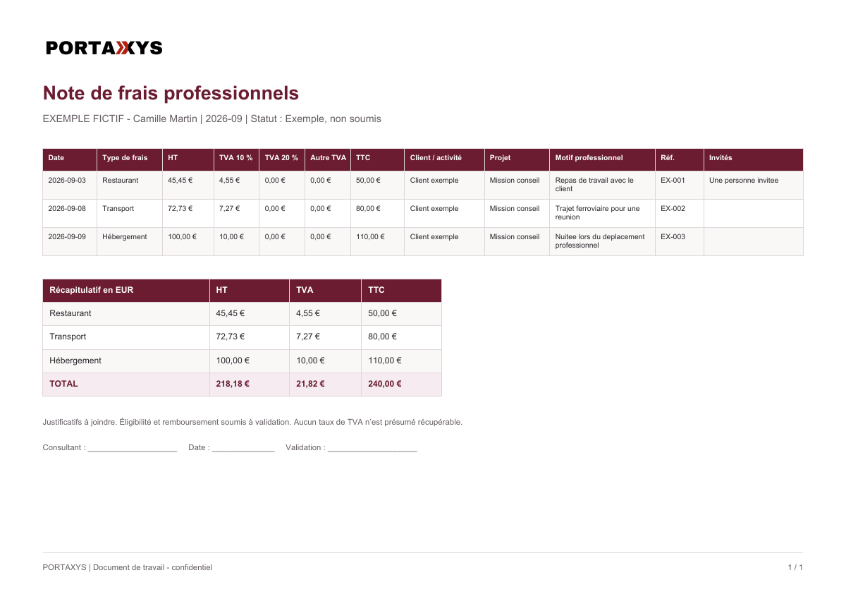 Exemple fictif de note de frais Portaxys : dépenses détaillées et récapitulatif HT, TVA et TTC